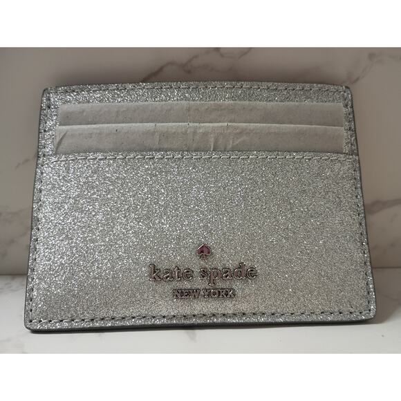 KATE SPADE Slim Card Holder Silver Shimmy Glitter Lunar Light - NEW - Picture 1 of 5